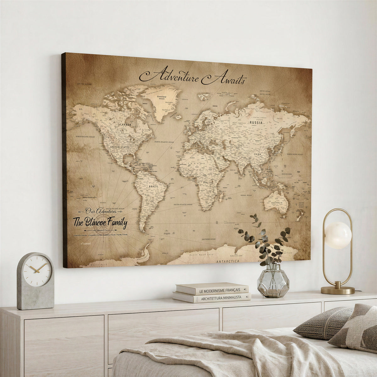 59757370-MGV-CV-36X24 - Personalized Black Modern Push Pin World Map Wall Art, Places Visited Tracker, Family Room and Bedroom Decor