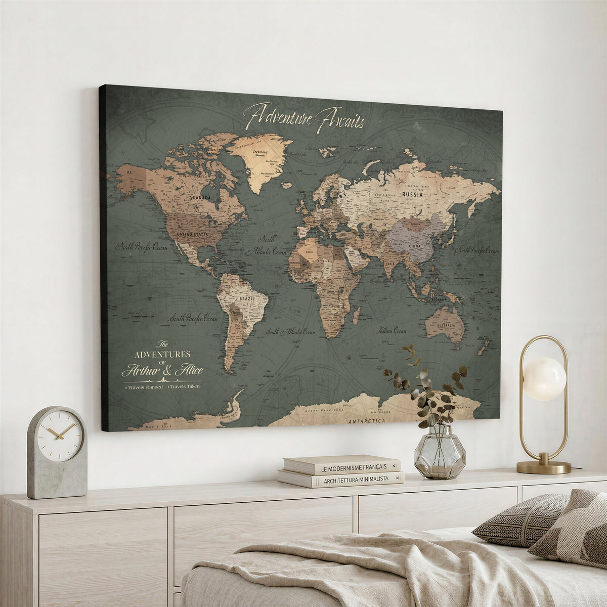 24734446-MGV-CV-36X24 - Personalized Framed Beige Modern World Map Canvas with Push Pins, Bucket List Map, Family Room and Dining Room Decor