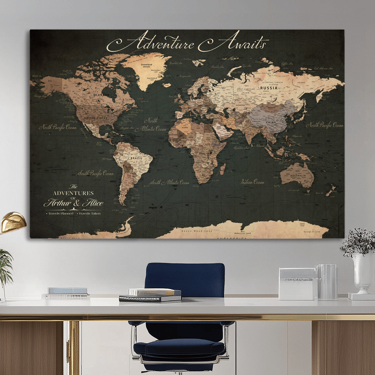 74987709-MGV-CV-36X24 - Custom Push Pin World Map Wall Art Canvas Print – Personalized Travel Tracker with Pins Framed Large for Home and Office Decor