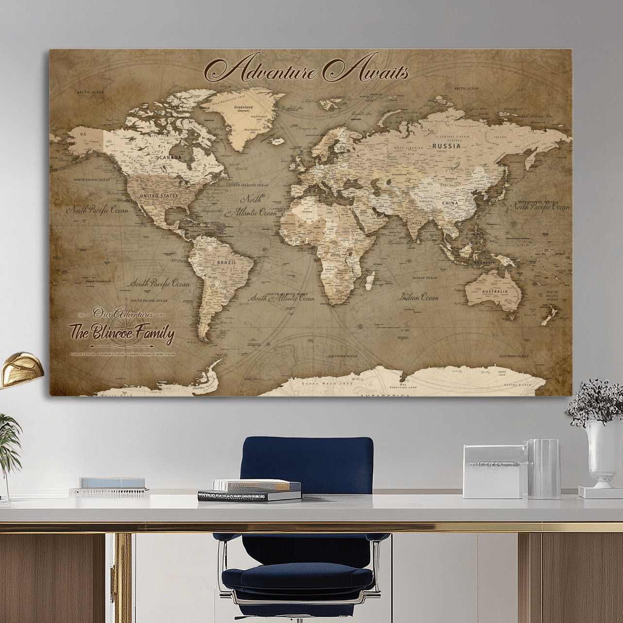 96775856-MGV-CV-36X24 - Custom Push Pin World Map Wall Art Canvas Print – Personalized Travel Tracker with Pins Framed Large for Home and Office Decor