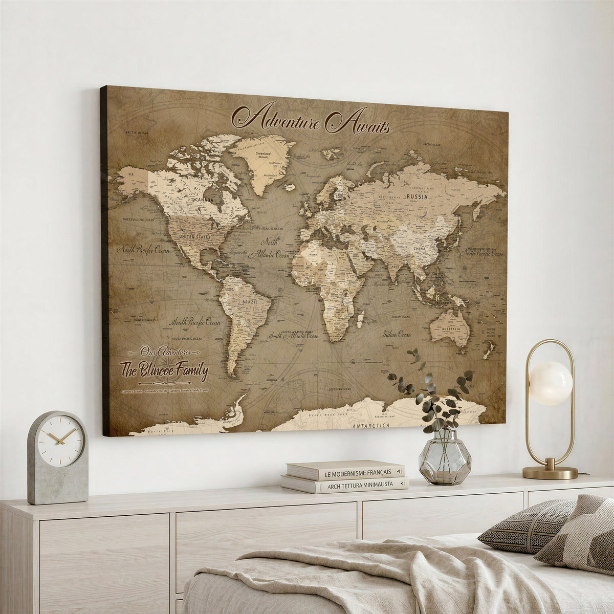 96775856-MGV-CV-36X24 - Custom Beige Modern Push Pin World Map Canvas Print, Family Travel Tracker, Dining Room and Home Office Decor