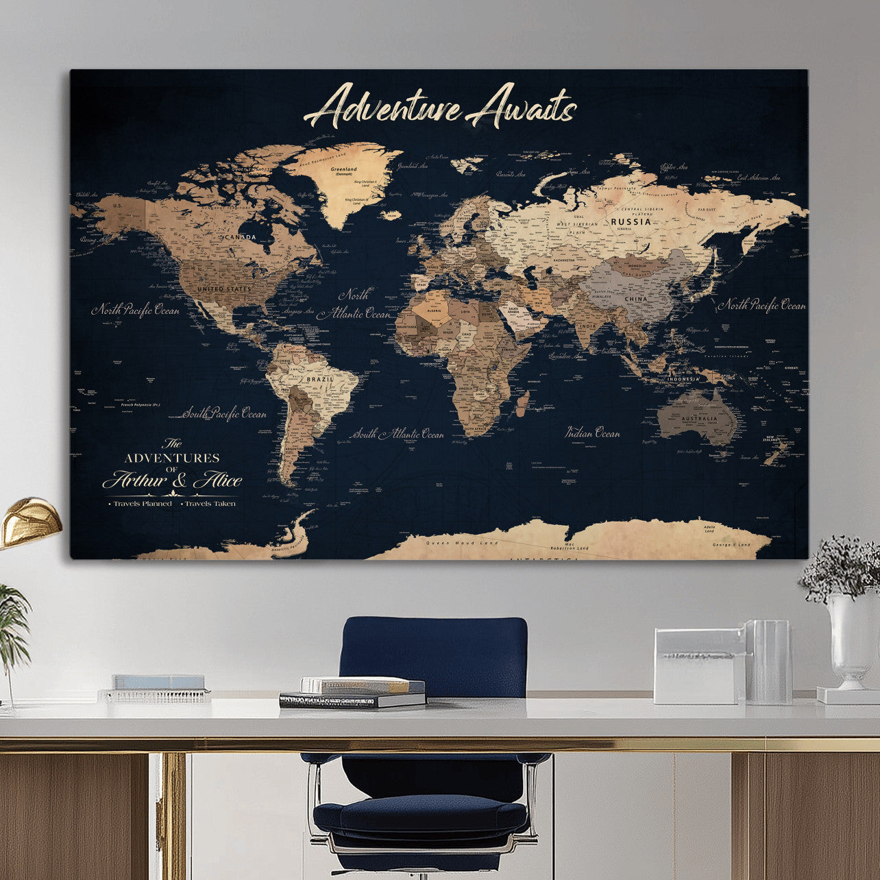 64110301-MGV-CV-36X24 - Custom Push Pin World Map Wall Art Canvas Print - Personalized Travel Tracker with Pins Framed Large for Home and Office Decor