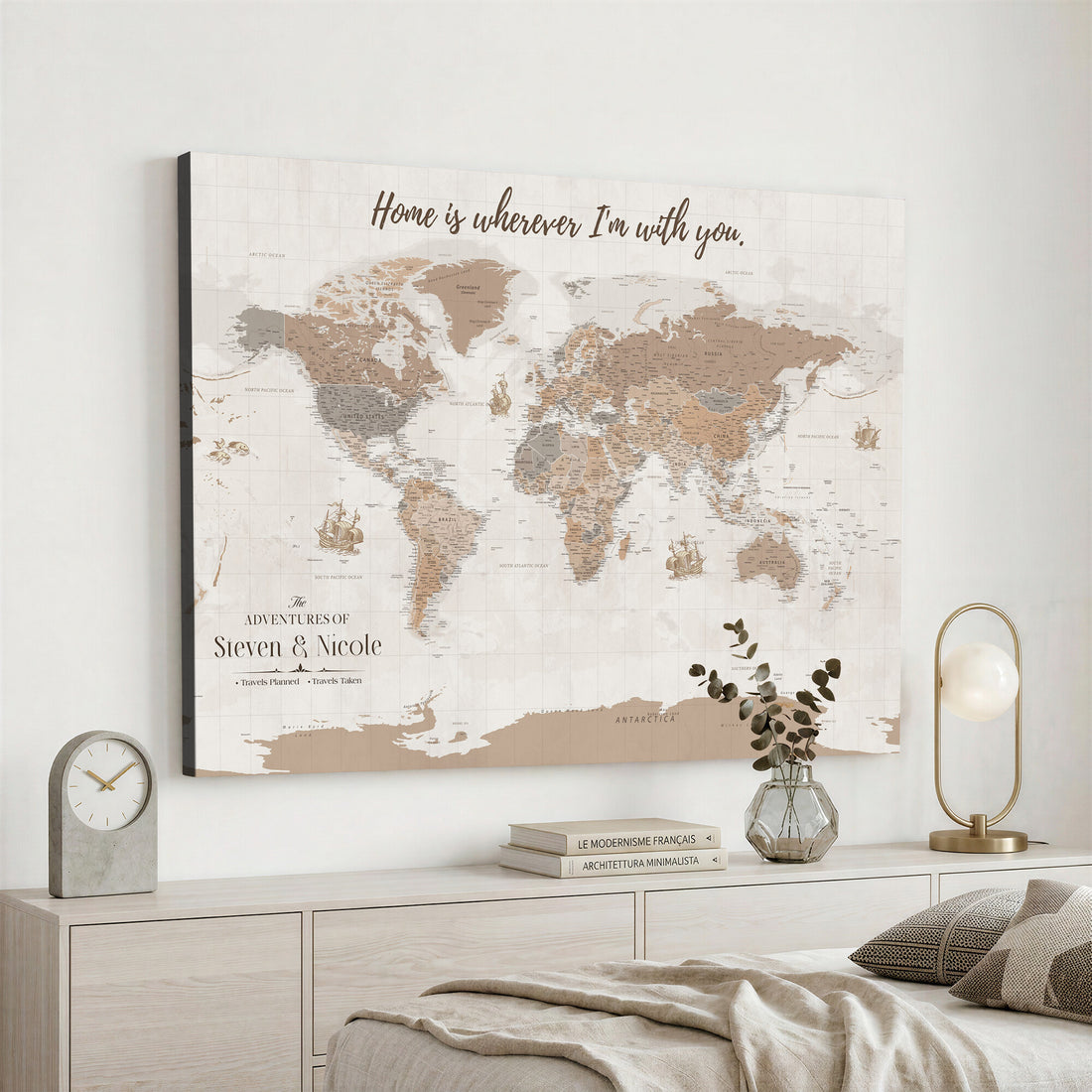 Personalized Beige Geometric Push Pin World Map Canvas Print, Countries Visited Map, Study and Home Office Decor