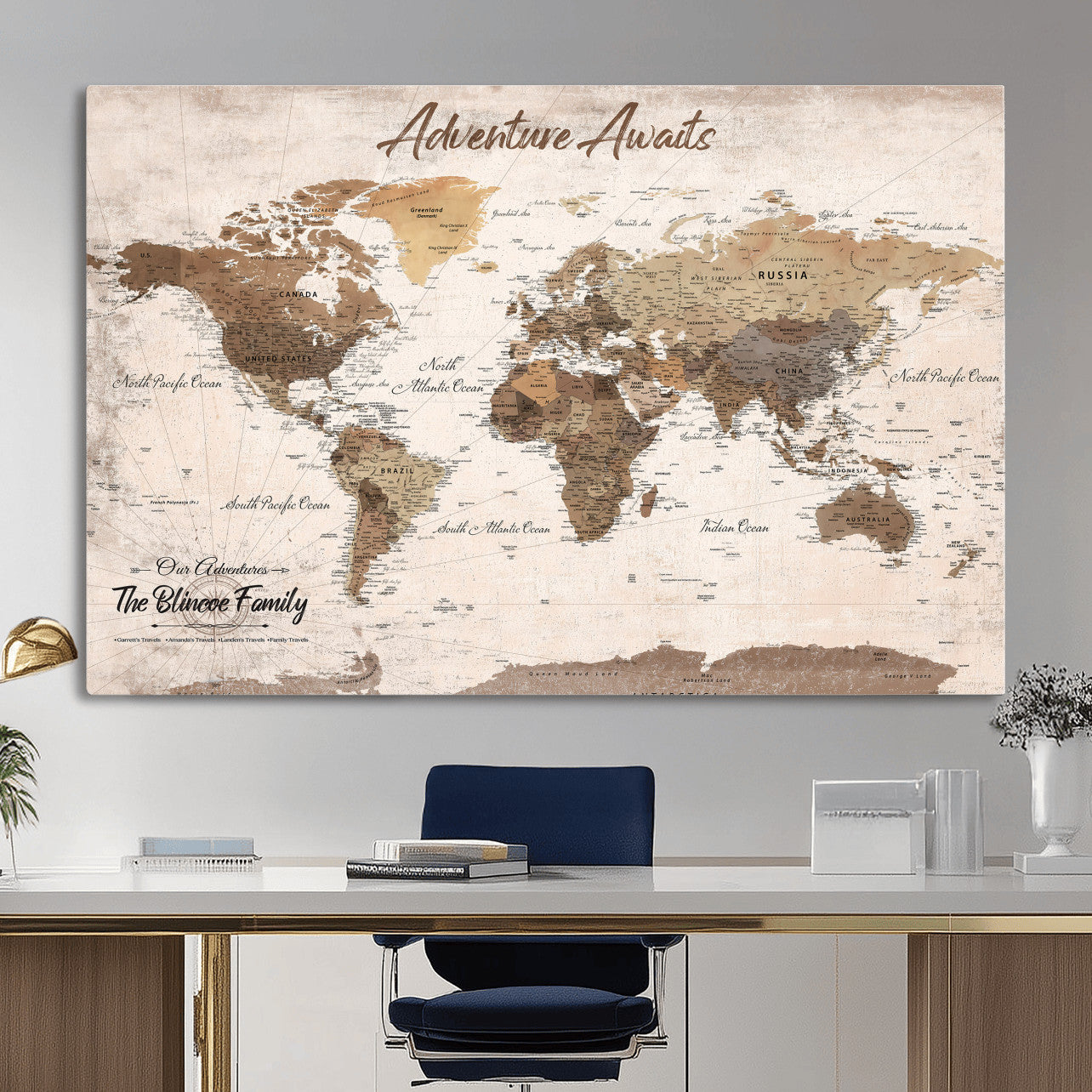 70887266-MGV-CV-36X24 - Custom Push Pin World Map Wall Art Canvas Print – Personalized Travel Tracker with Pins Framed Large for Home and Office Decor