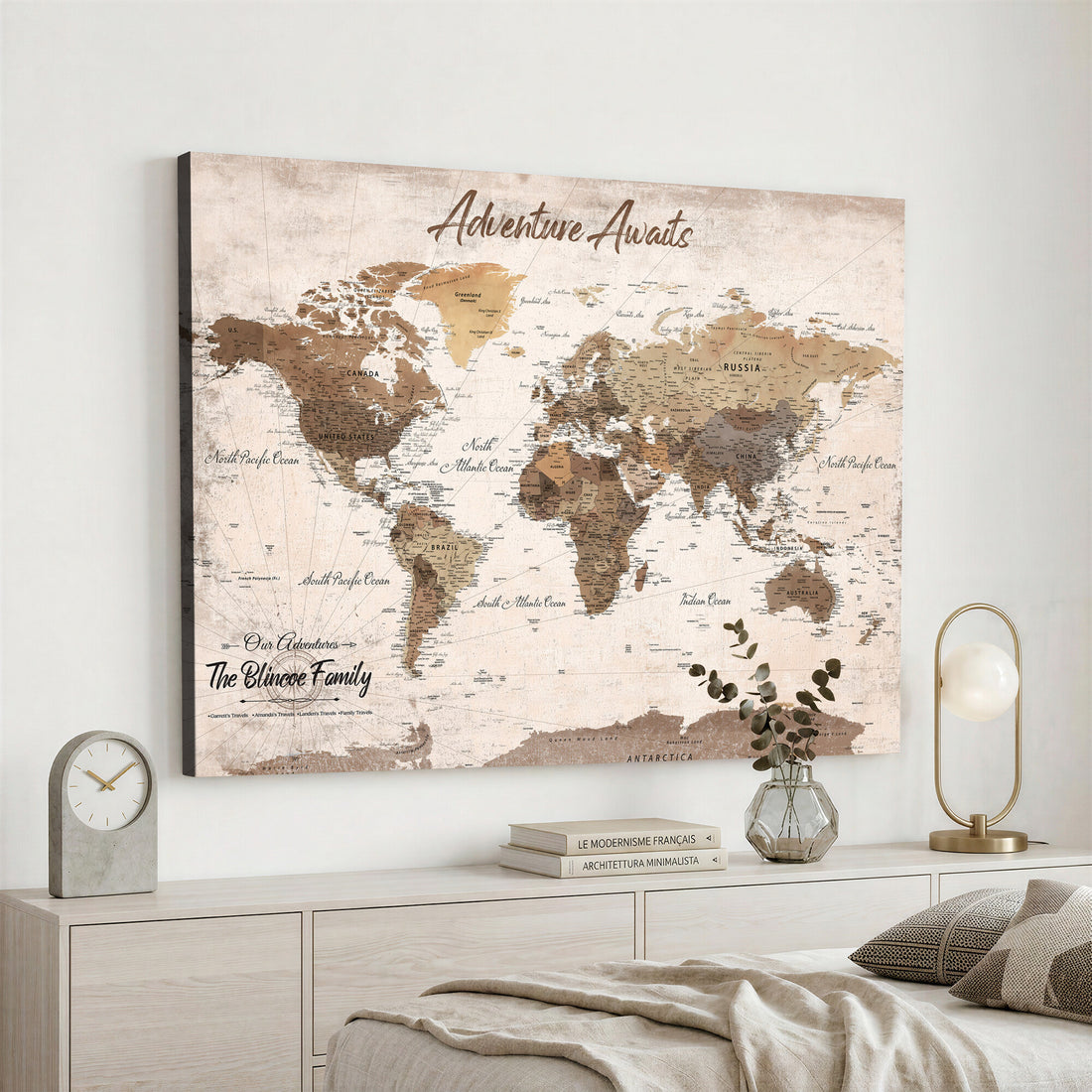 Custom Push Pin World Map Wall Art Canvas Print | Personalized Travel Tracker