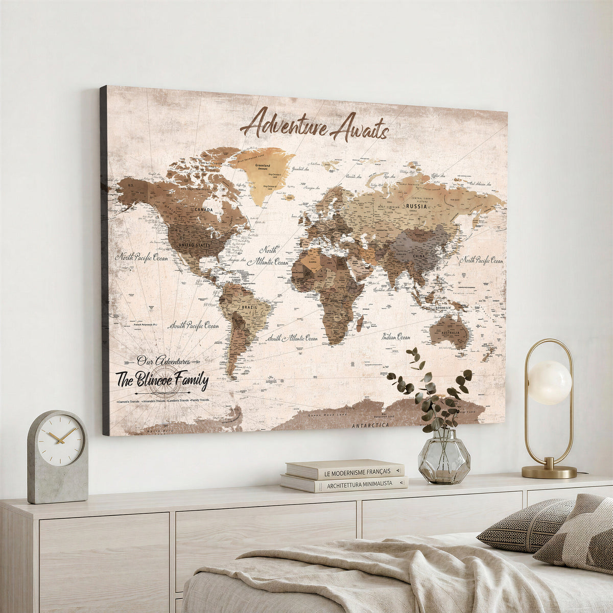 70887266-MGV-CV-36X24 - Custom Push Pin World Map Wall Art Canvas Print | Personalized Travel Tracker