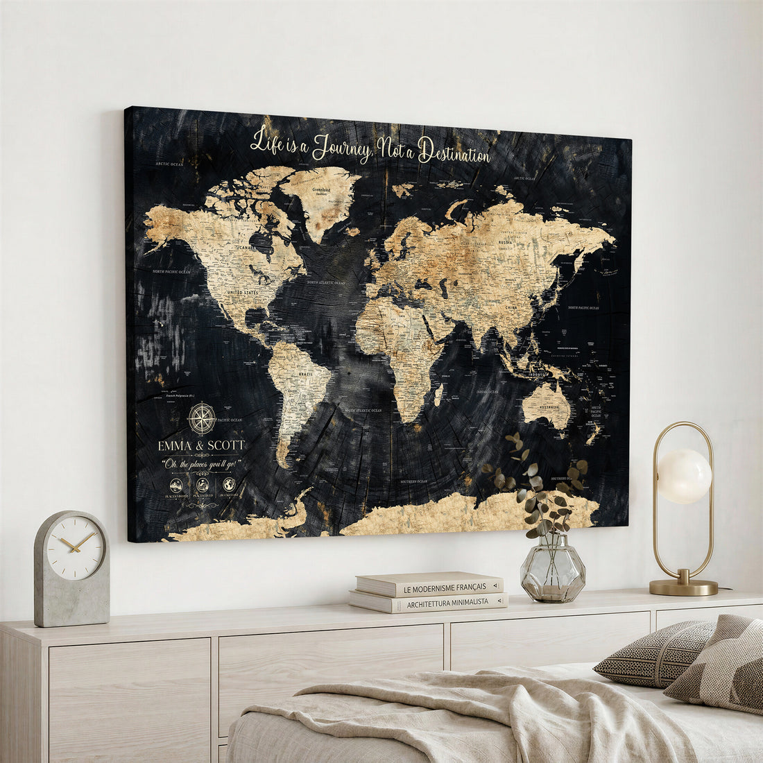 Custom Black Modern Push Pin World Map Wall Art, Next Trip Planner Map, Home Office and Entryway Decor