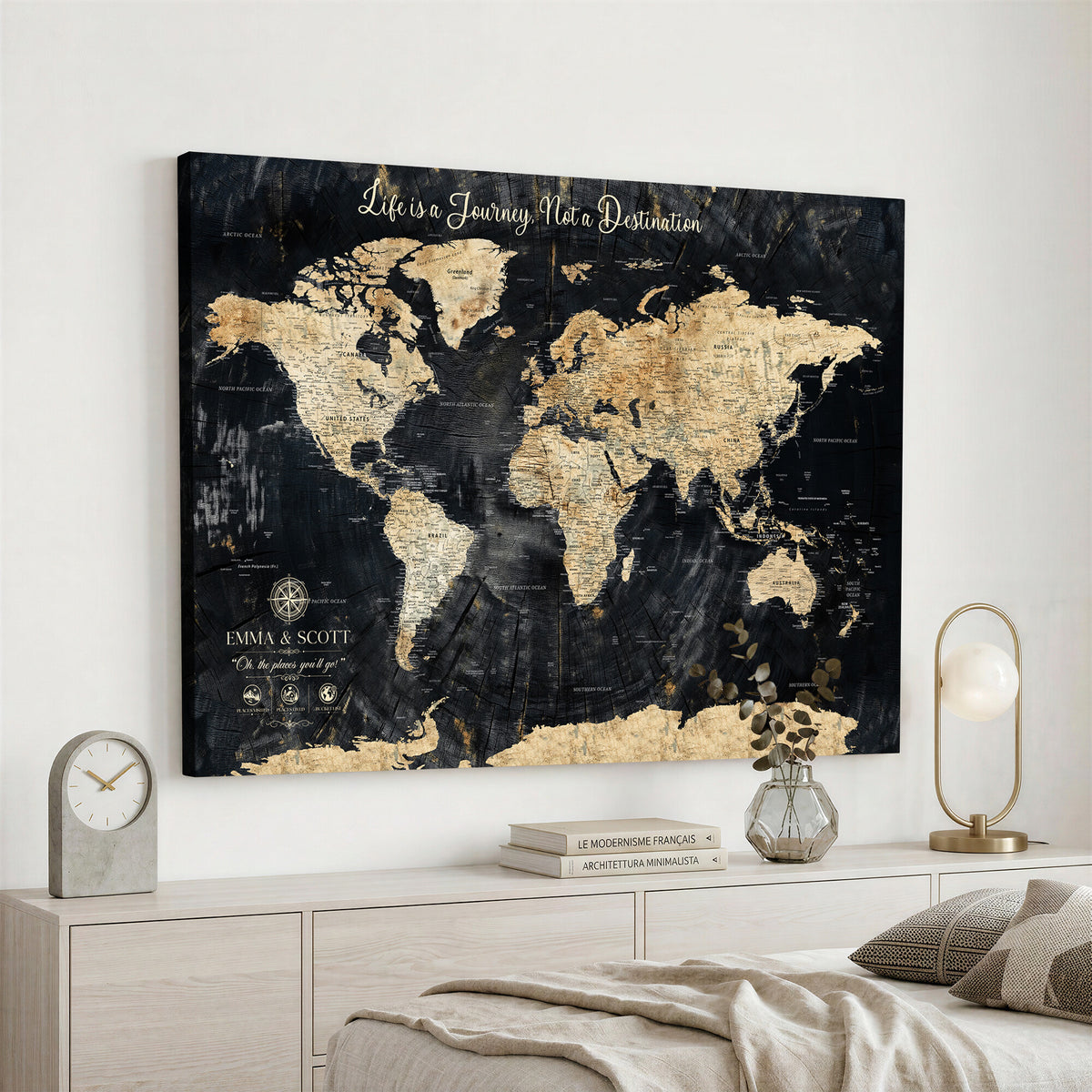 NEWMAP-13-MGV-CV-36X24 - Personalized Framed Navy Modern Push Pin World Map Canvas Print, Couples Countries Visited Map, Family Room and Study Decor