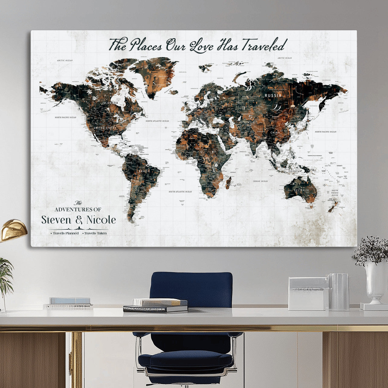 29090064-MGV-CV-36X24 - Custom Push Pin World Map Wall Art Canvas Print – Personalized Travel Tracker with Pins Framed Large for Home and Office Decor