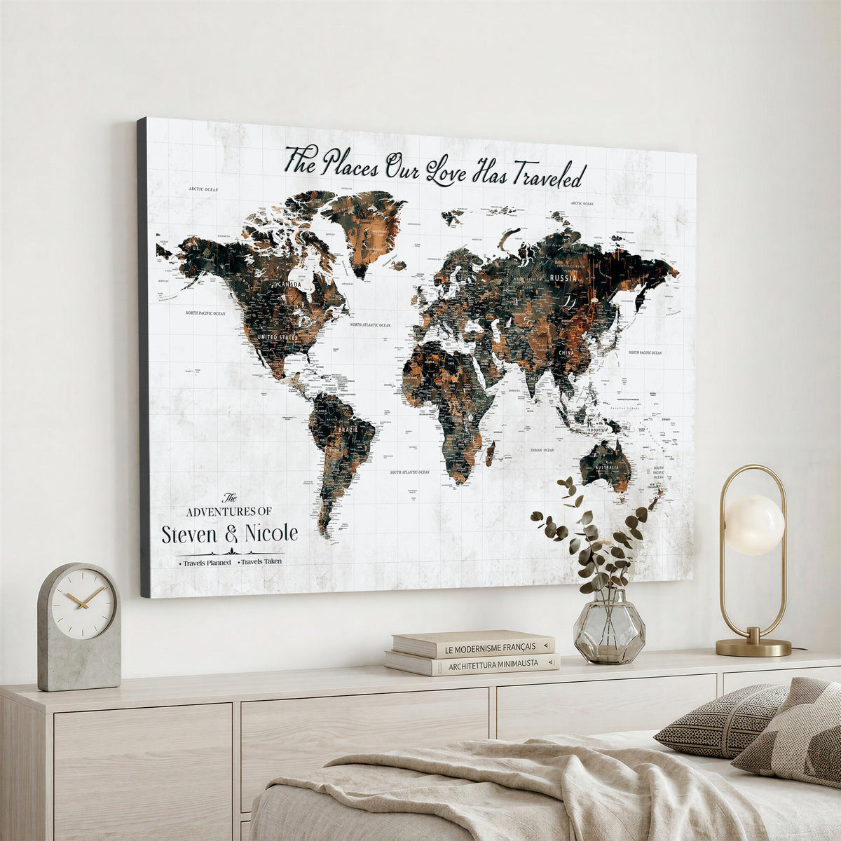 29090064-MGV-CV-36X24 - Custom Push Pin World Map Wall Art Canvas Print | Personalized Travel Tracker with Pins Framed Large for Home and Office Decor