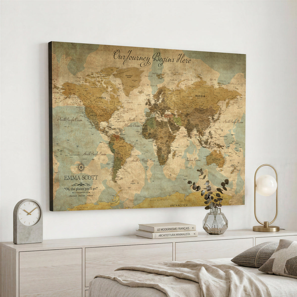 66550749-MGV-CV-36X24 - Custom Push Pin World Map Wall Art Canvas Print | Personalized Travel Tracker with Pins Framed Large for Home and Office Decor