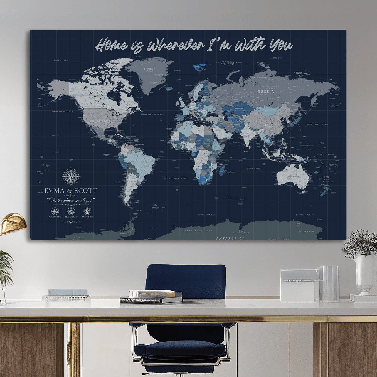 NEWMAP-18-MGV-CV-36X24 - Custom Push Pin World Map Wall Art Canvas Print – Personalized Travel Tracker with Pins Framed Large Print - NEWMAP-18