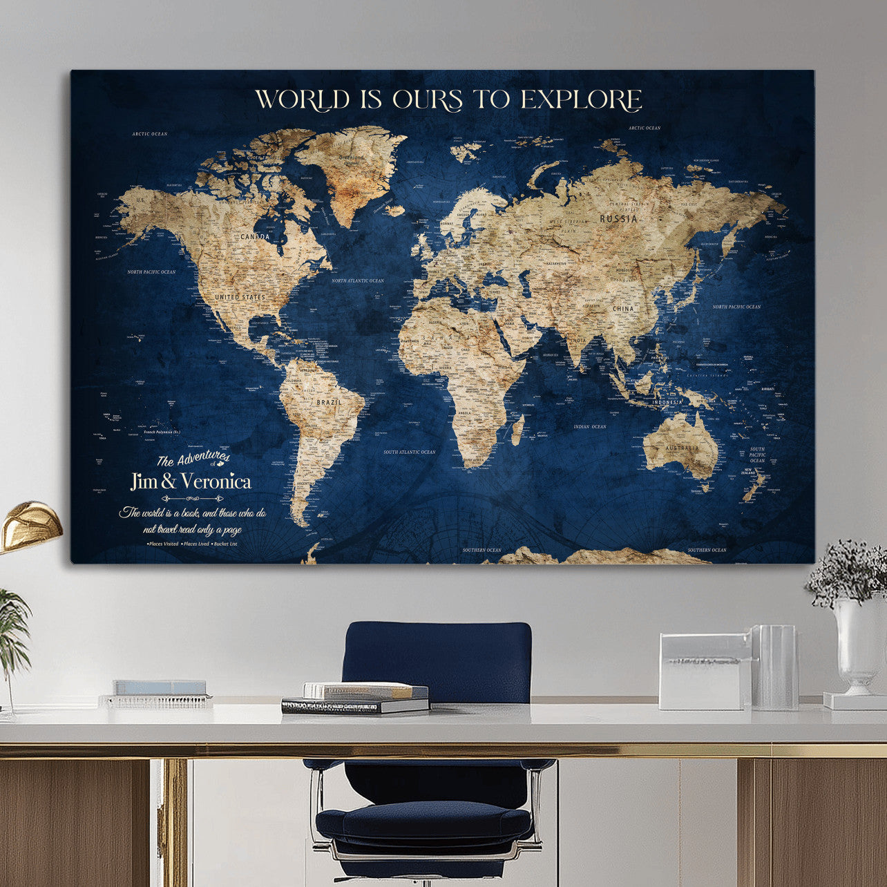 35296308-MGV-CV-36X24 - Custom Push Pin World Map Wall Art Canvas Print – Personalized Travel Tracker with Pins Framed Large for Home and Office Decor