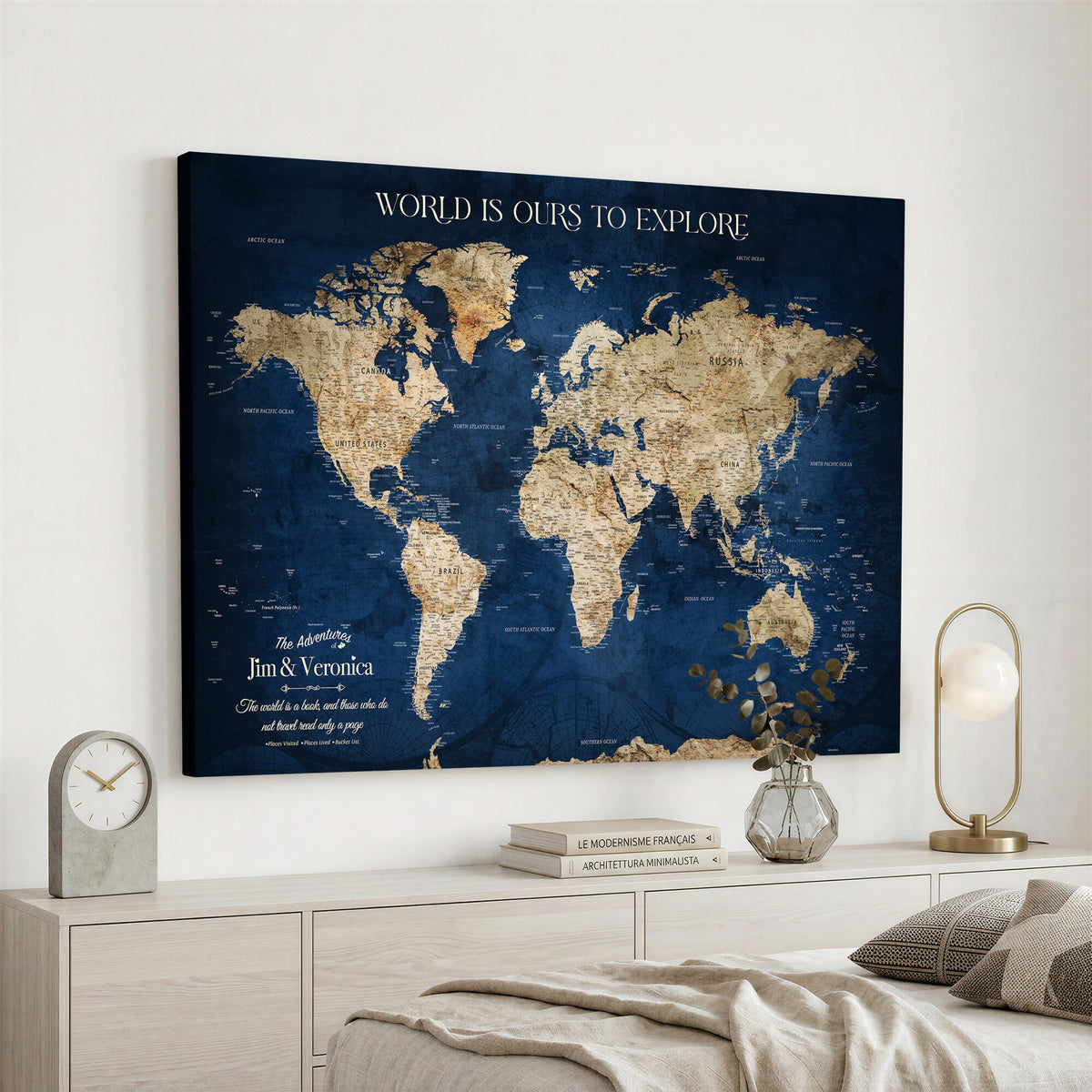 35296308-MGV-CV-36X24 - Custom Push Pin World Map Wall Art Canvas Print – Personalized Travel Tracker with Pins Framed Large for Home and Office Decor