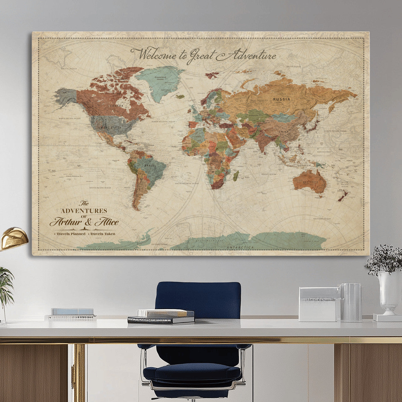 44361524-MGV-CV-36X24 - Custom Push Pin World Map Wall Art Canvas Print – Personalized Travel Tracker with Pins Framed Large for Home and Office Decor
