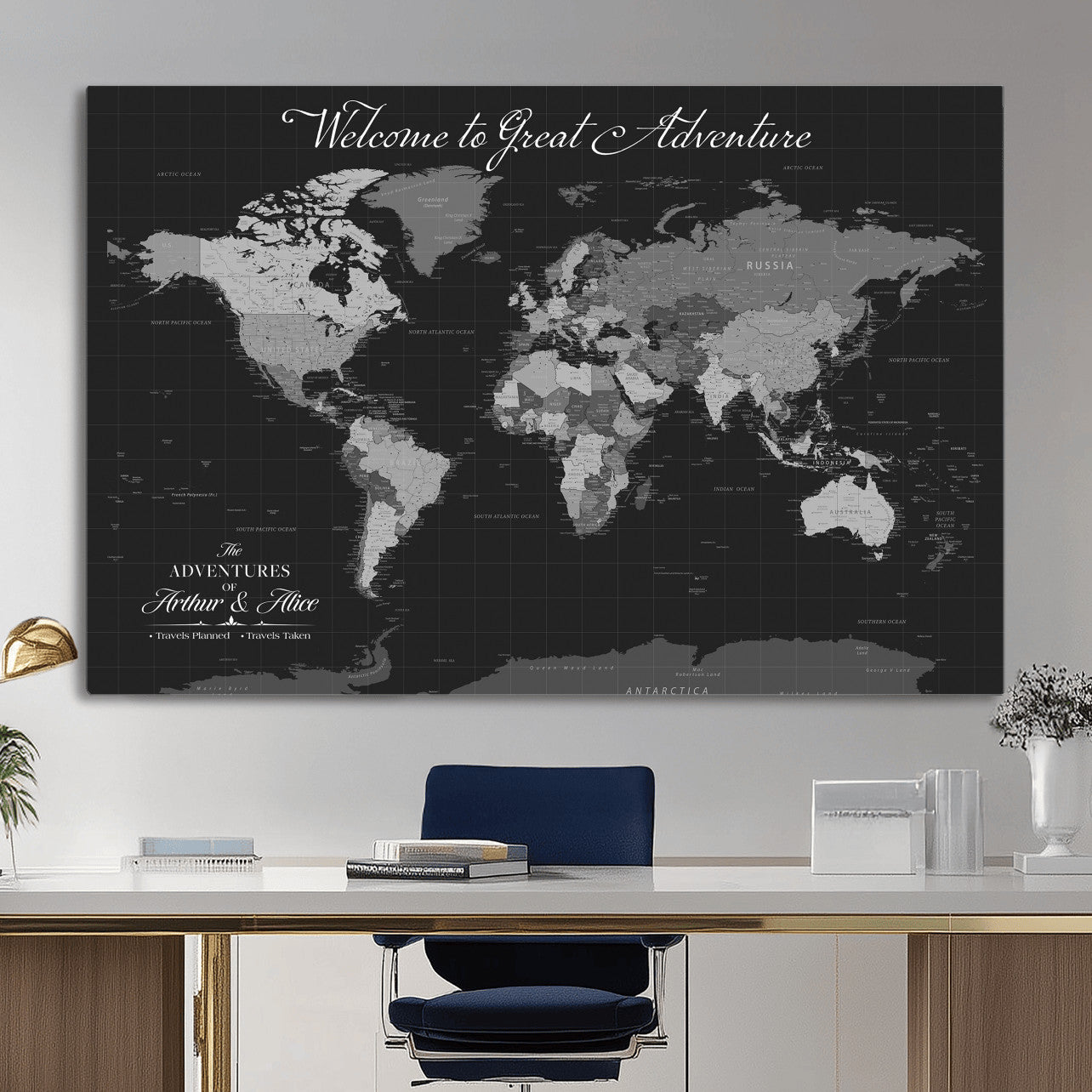 57127599-MGV-CV-36X24 - Custom Push Pin World Map Wall Art Canvas Print – Personalized Travel Tracker with Pins Framed Large for Home and Office Decor