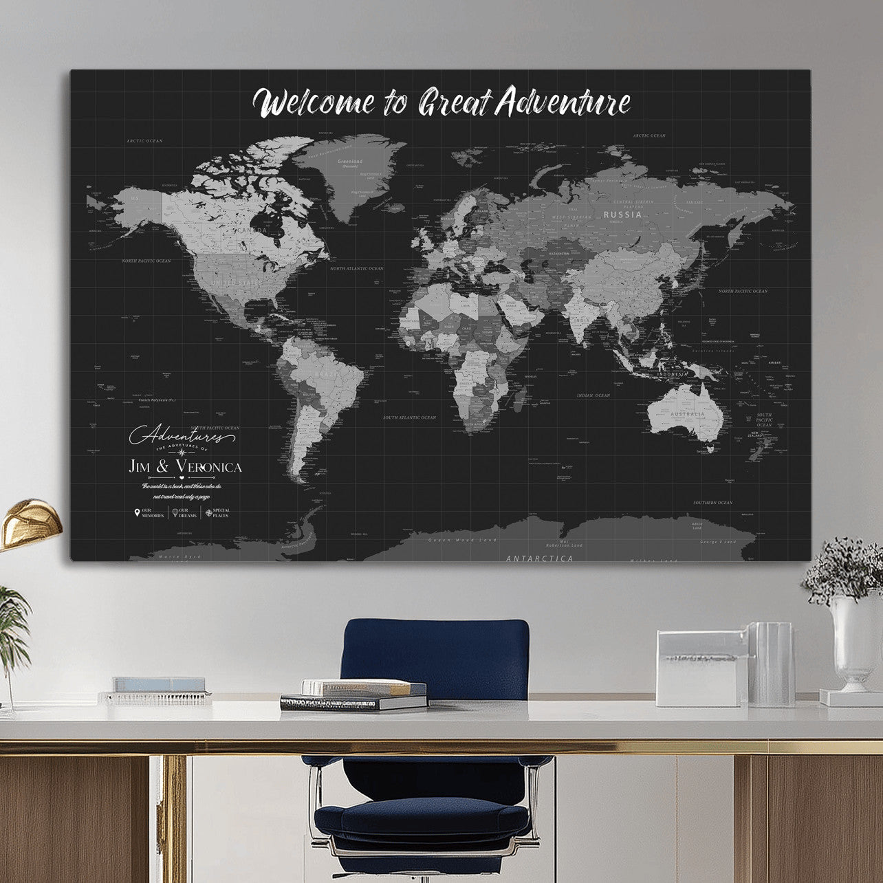 57127599-MGV-CV-36X24 - Custom Push Pin World Map Wall Art Canvas Print – Personalized Travel Tracker with Pins Framed Large for Home and Office Decor