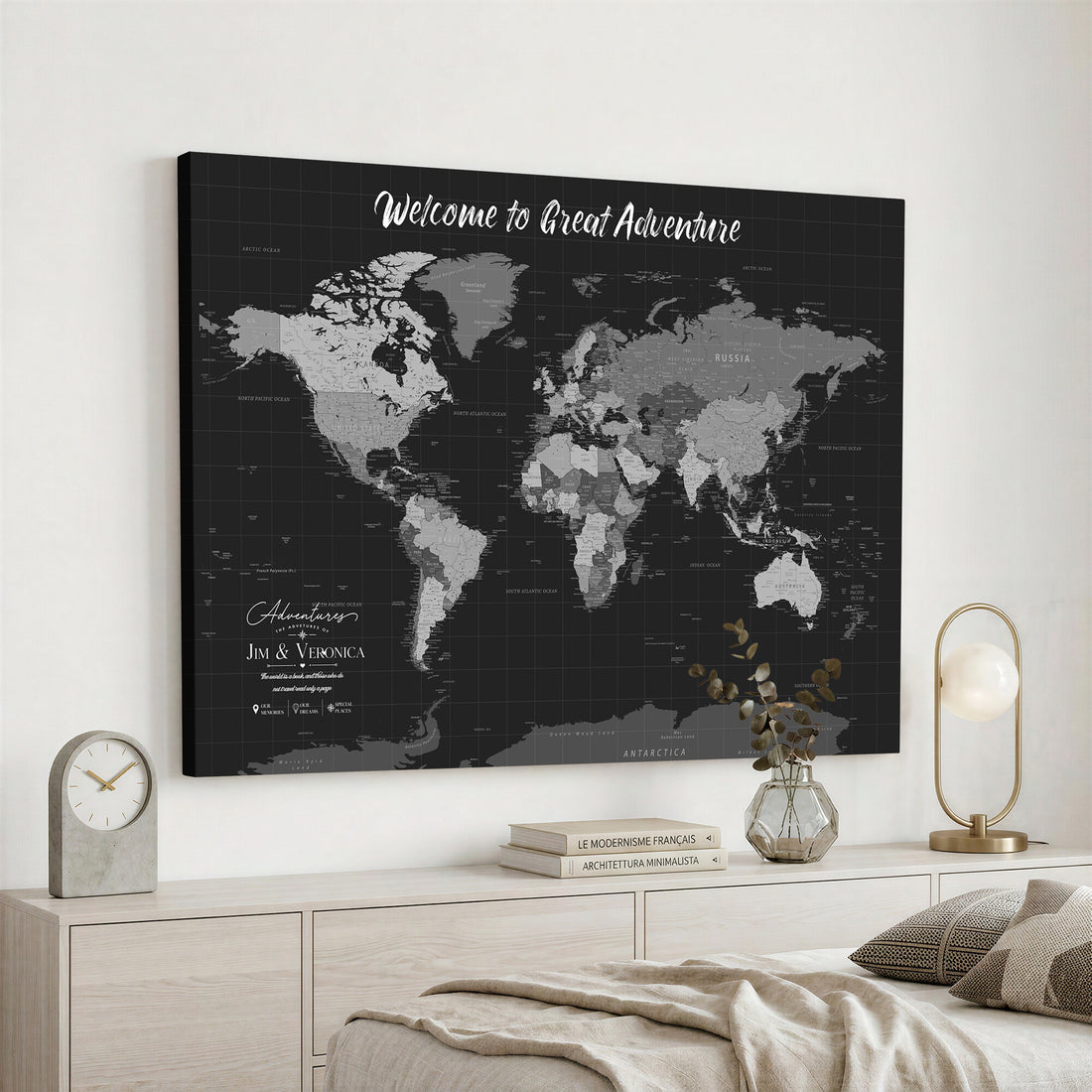 Custom Framed Navy Vintage World Map Canvas with Push Pins, Next Trip Planner Map, Entryway and Hallway Decor
