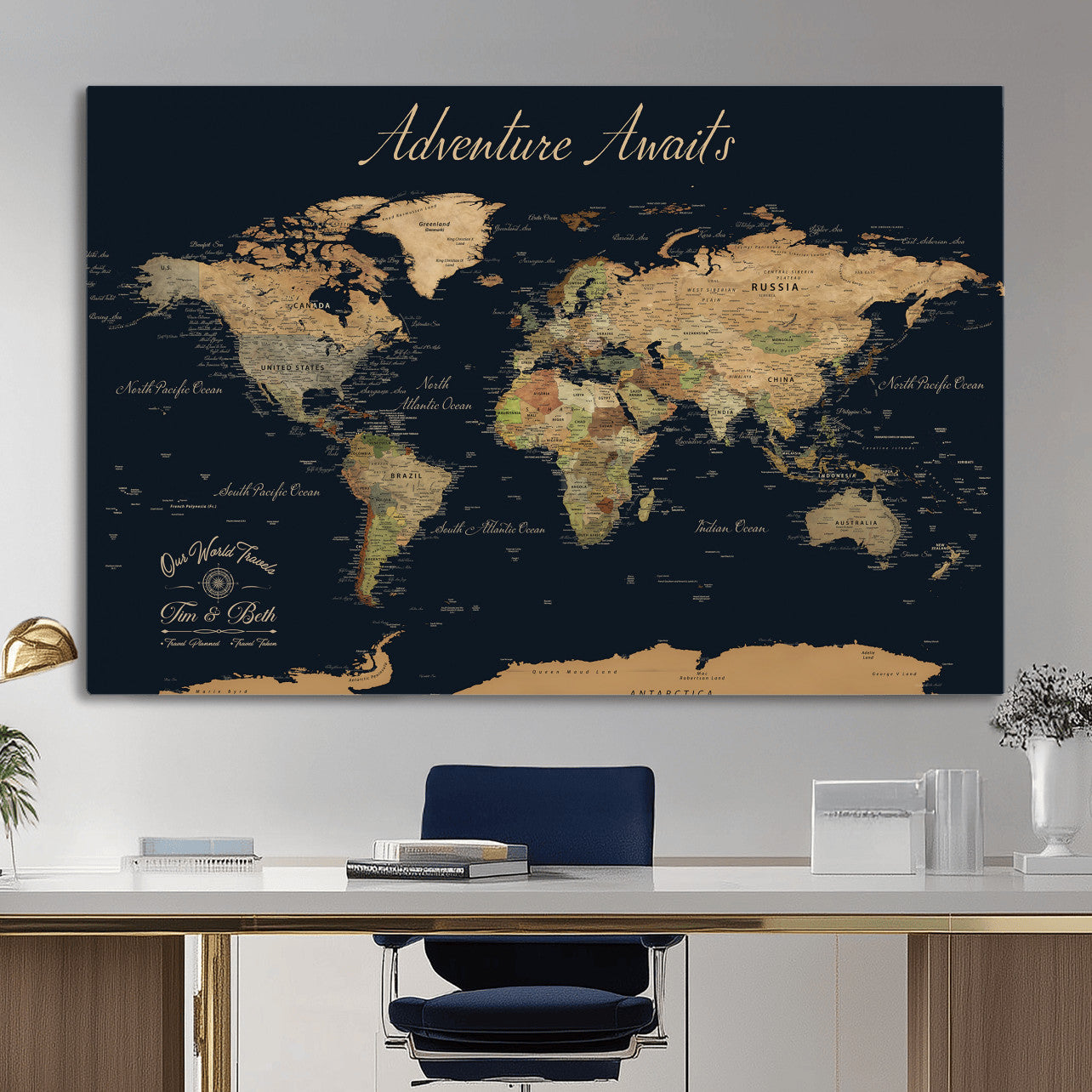 45739634-MGV-CV-36X24 - Custom Push Pin World Map Wall Art Canvas Print – Personalized Travel Tracker with Pins Framed Large for Home and Office Decor