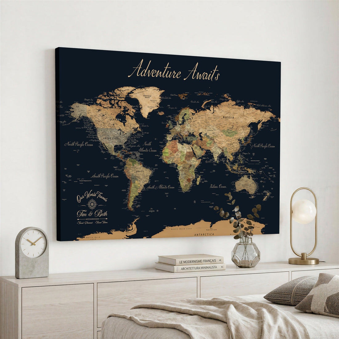 Personalized Navy Geometric World Map Canvas with Push Pins, Honeymoon and Anniversary Gift, Home Office and Hallway Decor