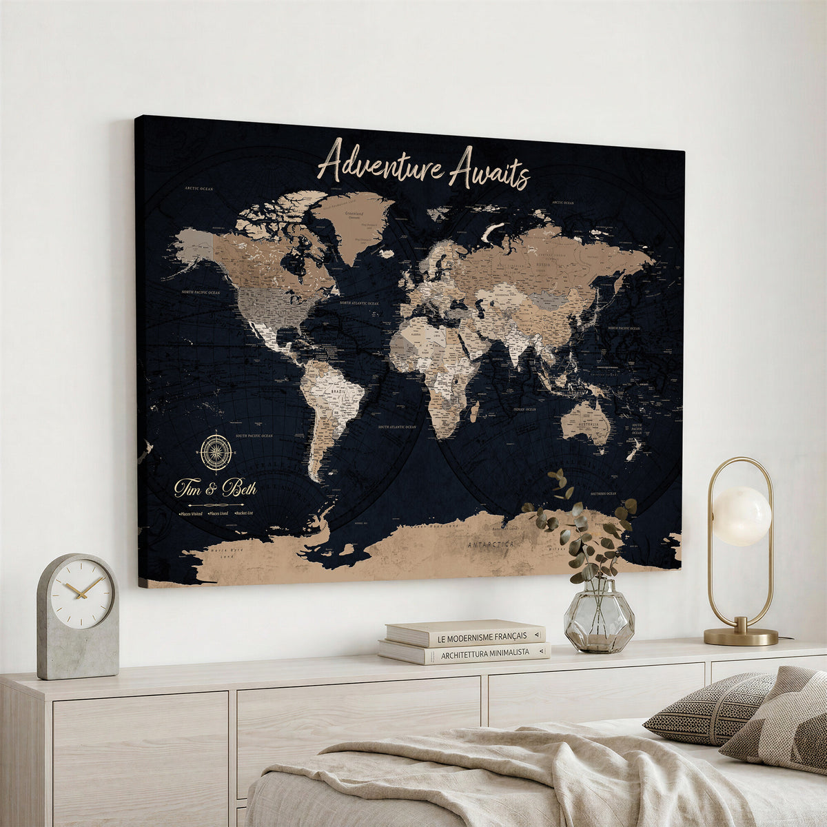 66938317-MGV-CV-36X24 - Custom Push Pin World Map Wall Art Canvas Print | Personalized Travel Tracker with Pins Framed Large for Home and Office Decor
