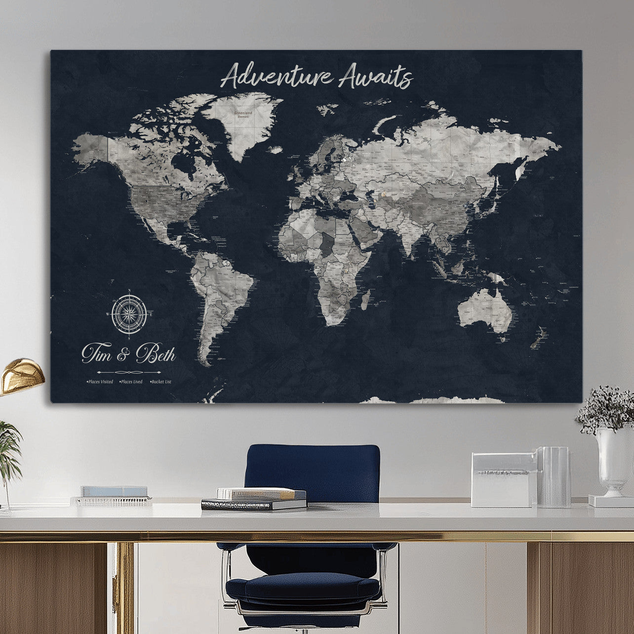32031089-MGV-CV-36X24 - Custom Push Pin World Map Wall Art Canvas Print – Personalized Travel Tracker with Pins Framed Large for Home and Office Decor