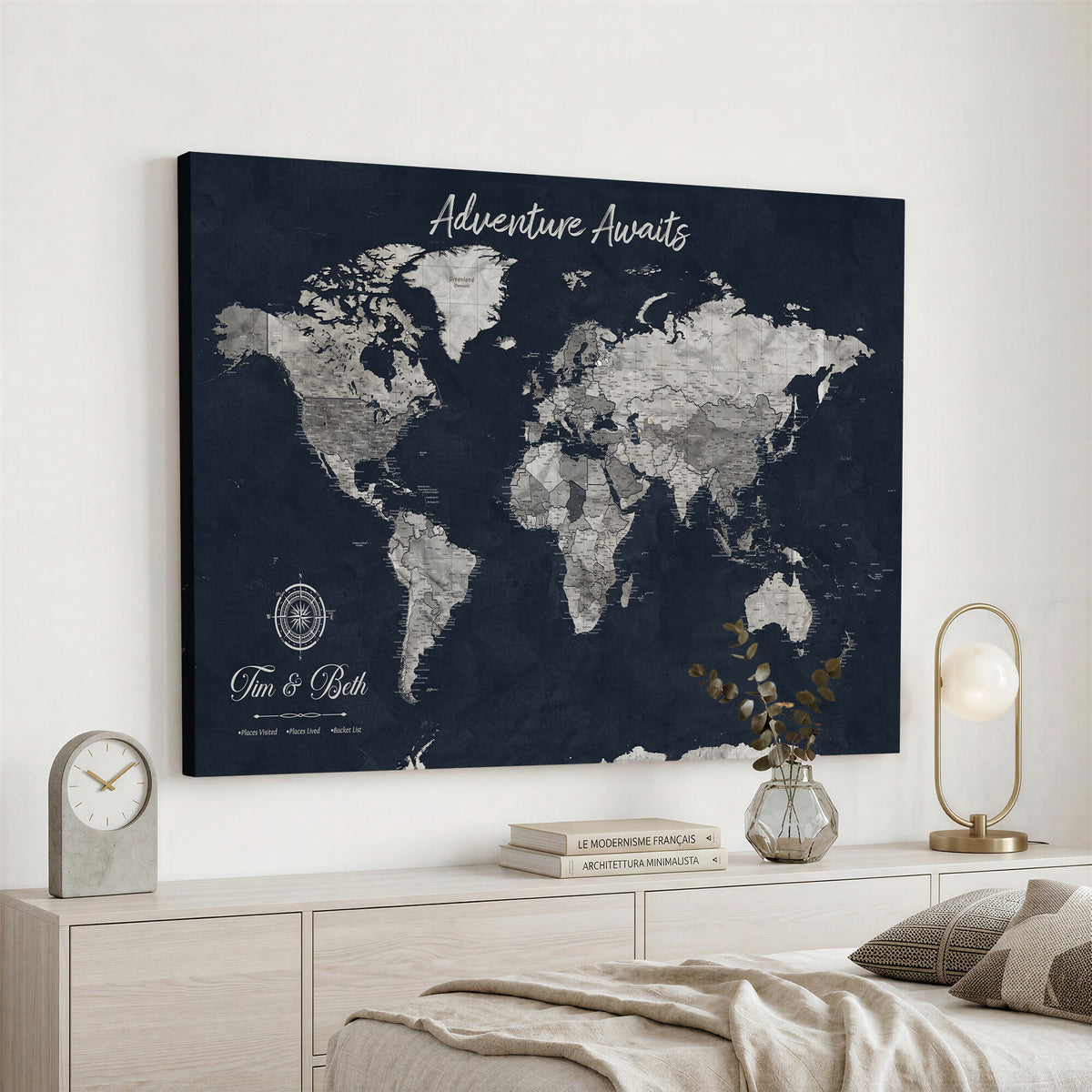 32031089-MGV-CV-36X24 - Custom Push Pin World Map Wall Art Canvas Print | Personalized Travel Tracker with Pins Framed Large for Home and Office Decor