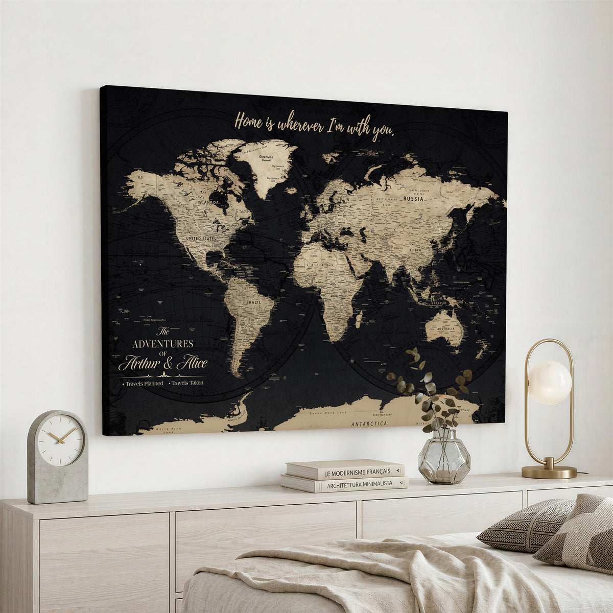 31416046-MGV-CV-36X24 - Custom Framed Beige Vintage Push Pin Travel Map Canvas Print, Honeymoon and Anniversary Gift, Study and Hallway Decor