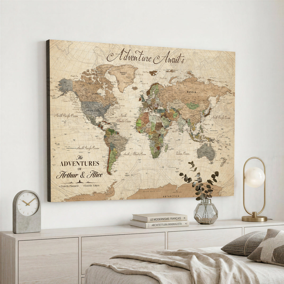 18308111-MGV-CV-36X24 - Custom Push Pin World Map Wall Art Canvas Print | Personalized Travel Tracker with Pins Framed Large for Home and Office Decor