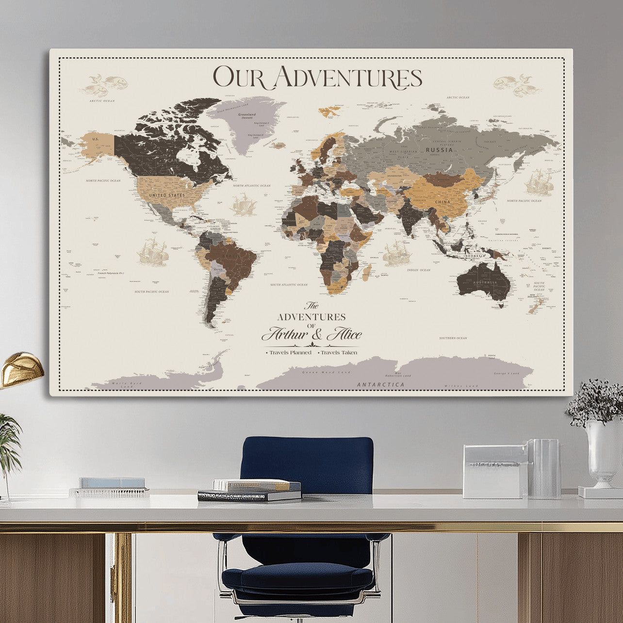 66301646-MGV-CV-36X24 - Custom Push Pin World Map Wall Art Canvas Print – Personalized Travel Tracker with Pins Framed Large for Home and Office Decor