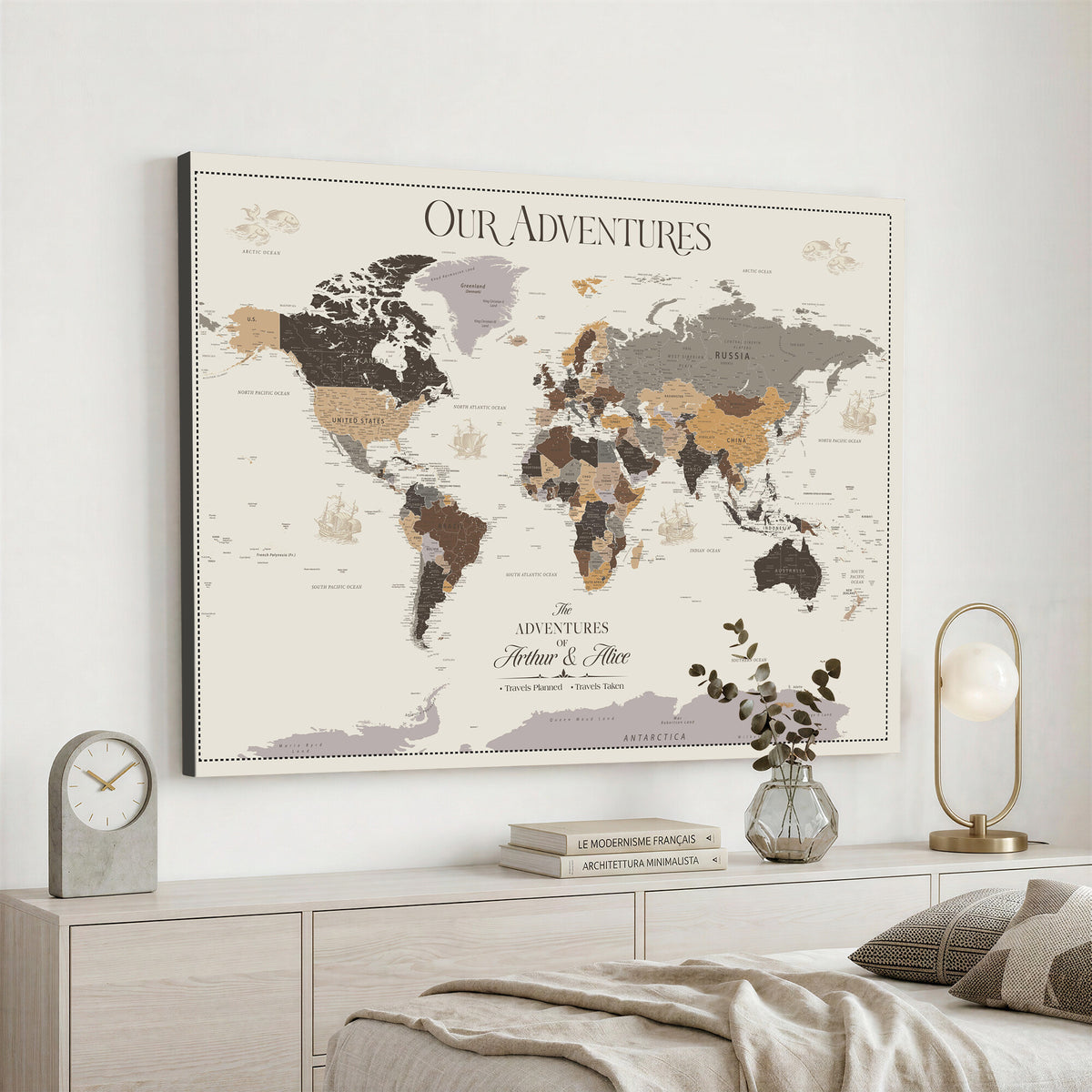 66301646-MGV-CV-36X24 - Custom Push Pin World Map Wall Art Canvas Print | Personalized Travel Tracker with Pins Framed Large for Home and Office Decor