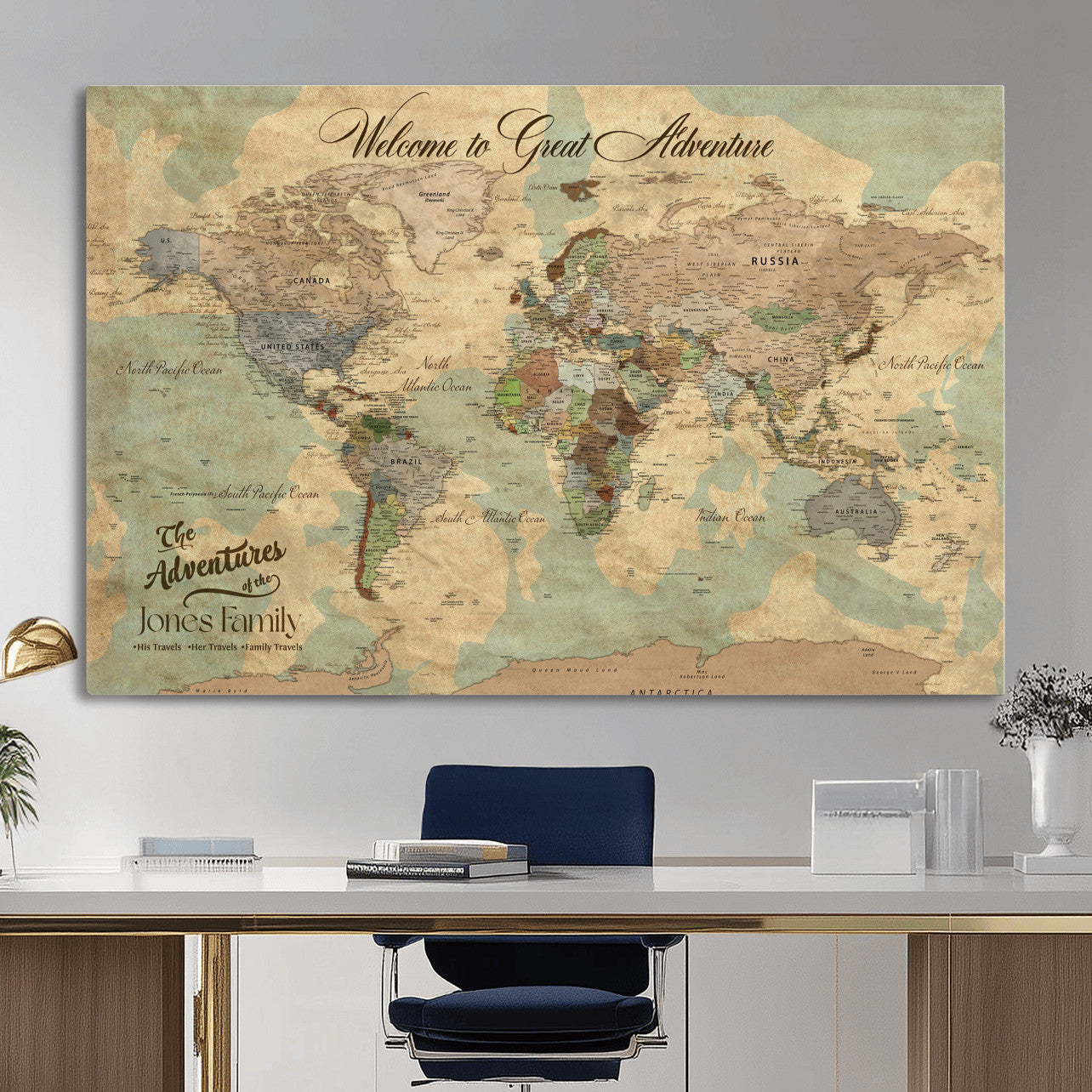 38092909-MGV-CV-36X24 - Custom Push Pin World Map Wall Art Canvas Print – Personalized Travel Tracker with Pins Framed Large for Home and Office Decor