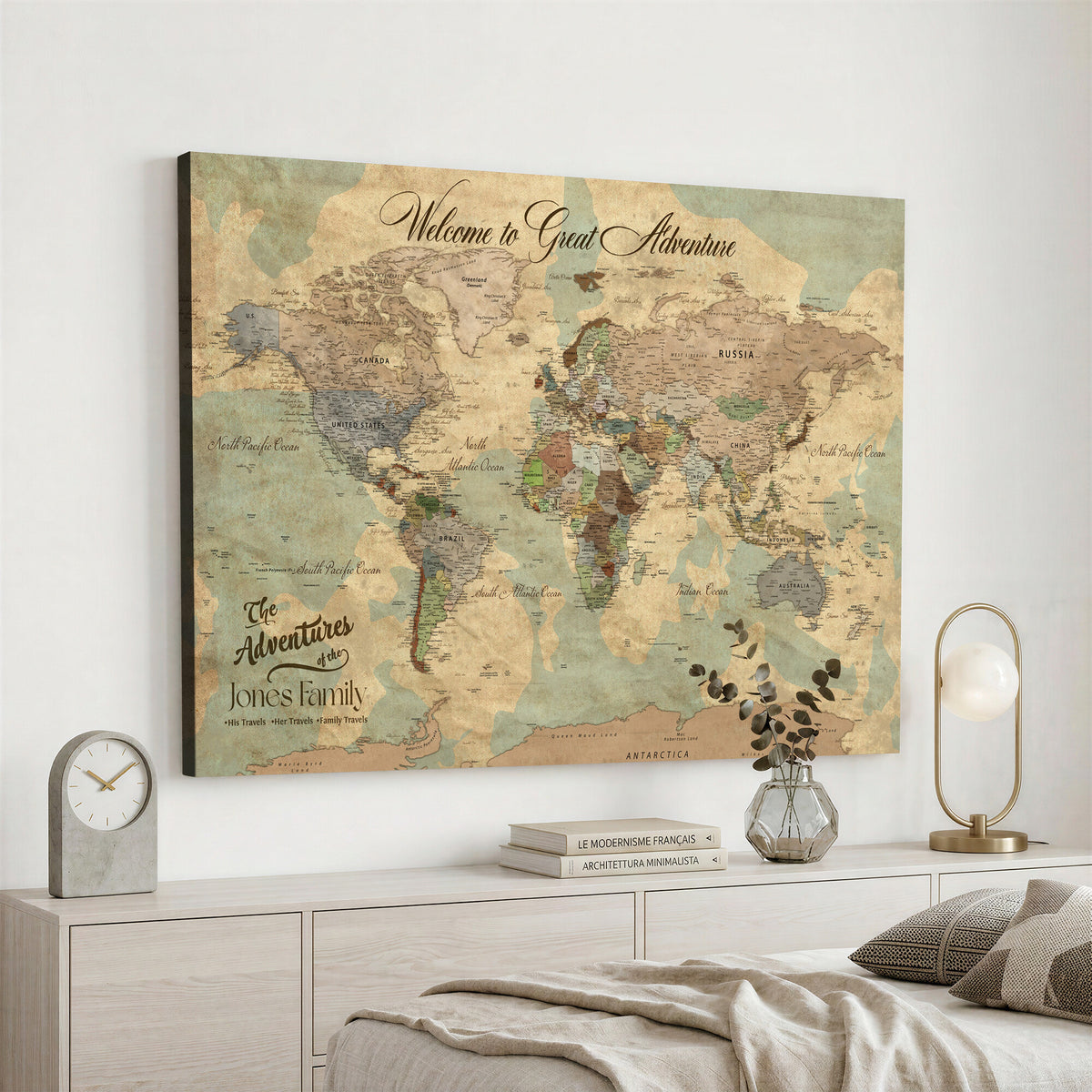 38092909-MGV-CV-36X24 - Personalized Framed Navy Vintage Push Pin World Map Wall Art, Places Visited Tracker, Bedroom and Hallway Decor