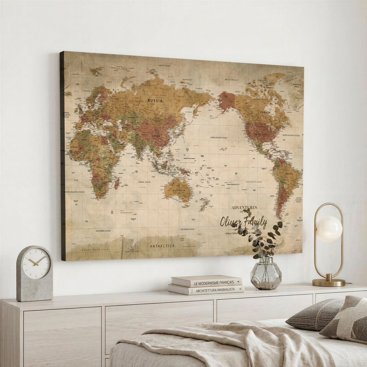 19347393-MGV-CV-36X24 - Personalized Framed Navy Modern World Map Canvas with Push Pins, Bucket List Map, Living Room and Entryway Decor
