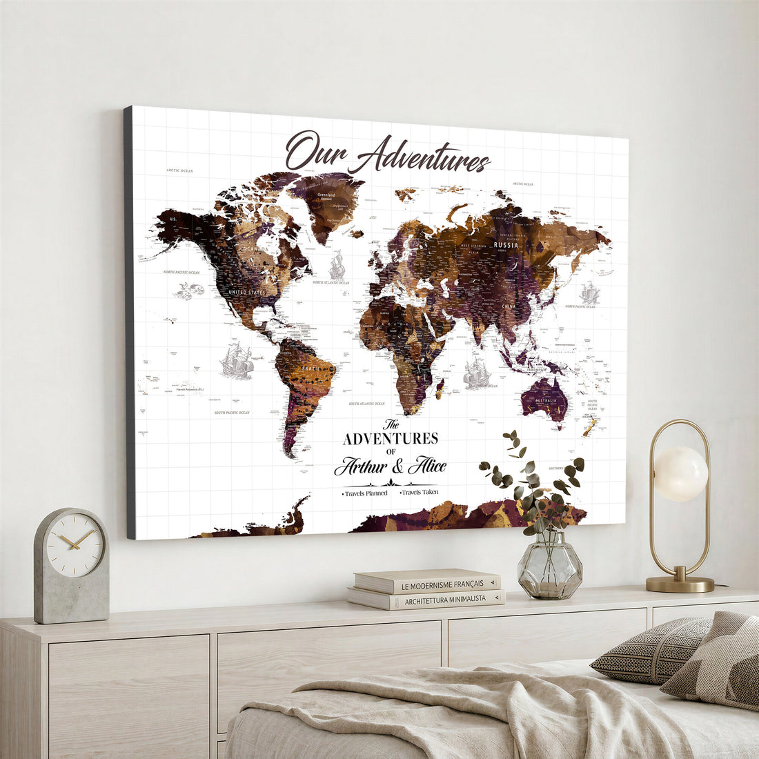 Personalized Framed Beige Vintage Push Pin Travel Map Canvas Print, Next Trip Planner Map, Home Office and Entryway Decor