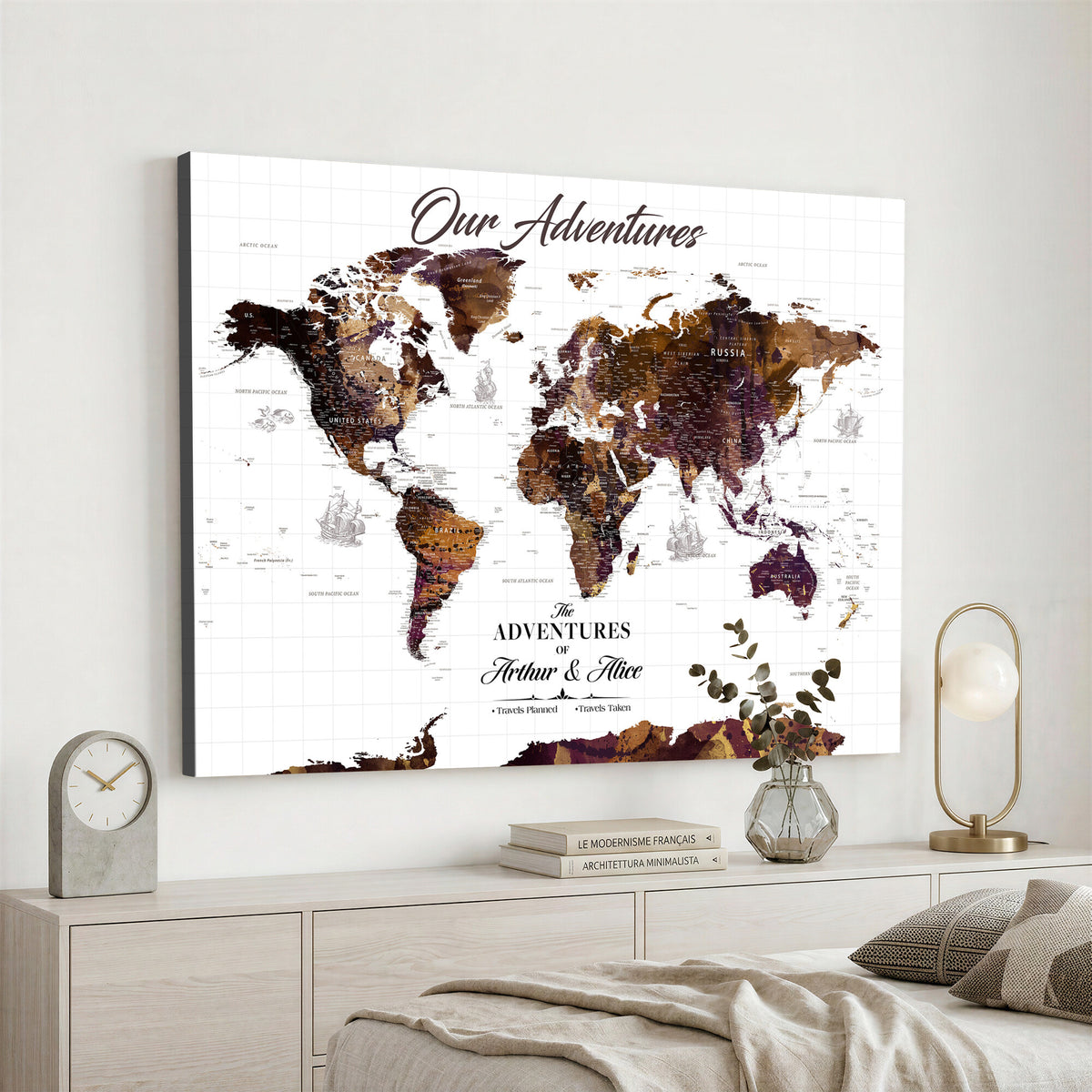95729279-MGV-CV-36X24 - Personalized Framed Beige Vintage Push Pin Travel Map Canvas Print, Next Trip Planner Map, Home Office and Entryway Decor