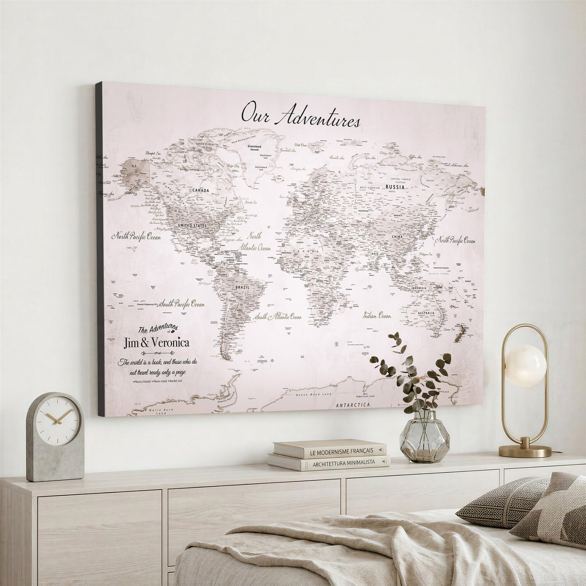 62392749-MGV-CV-36X24 - Personalized Beige Vintage World Travel Map Wall Art with Pins, Honeymoon and Anniversary Gift, Entryway and Hallway Decor