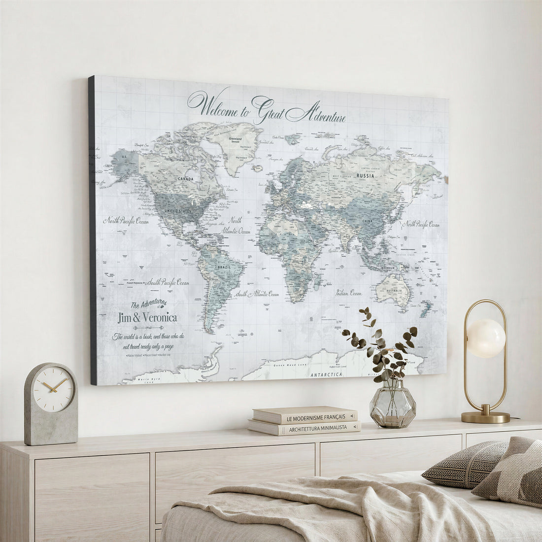 Personalized Beige Antique Push Pin World Map Canvas Print, Family Travel Tracker, Family Room and Entryway Decor