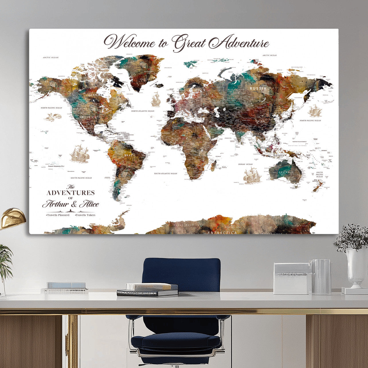 20271103-MGV-CV-36X24 - Custom Push Pin World Map Wall Art Canvas Print – Personalized Travel Tracker with Pins Framed Large for Home and Office Decor