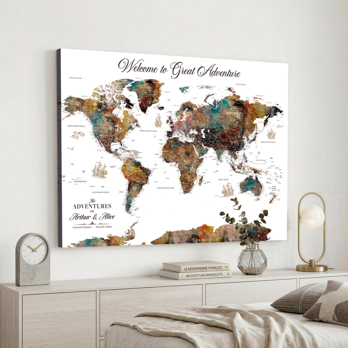 20271103-MGV-CV-36X24 - Custom Framed Beige Modern Push Pin World Map Wall Art, Couples Countries Visited Map, Study and Entryway Decor