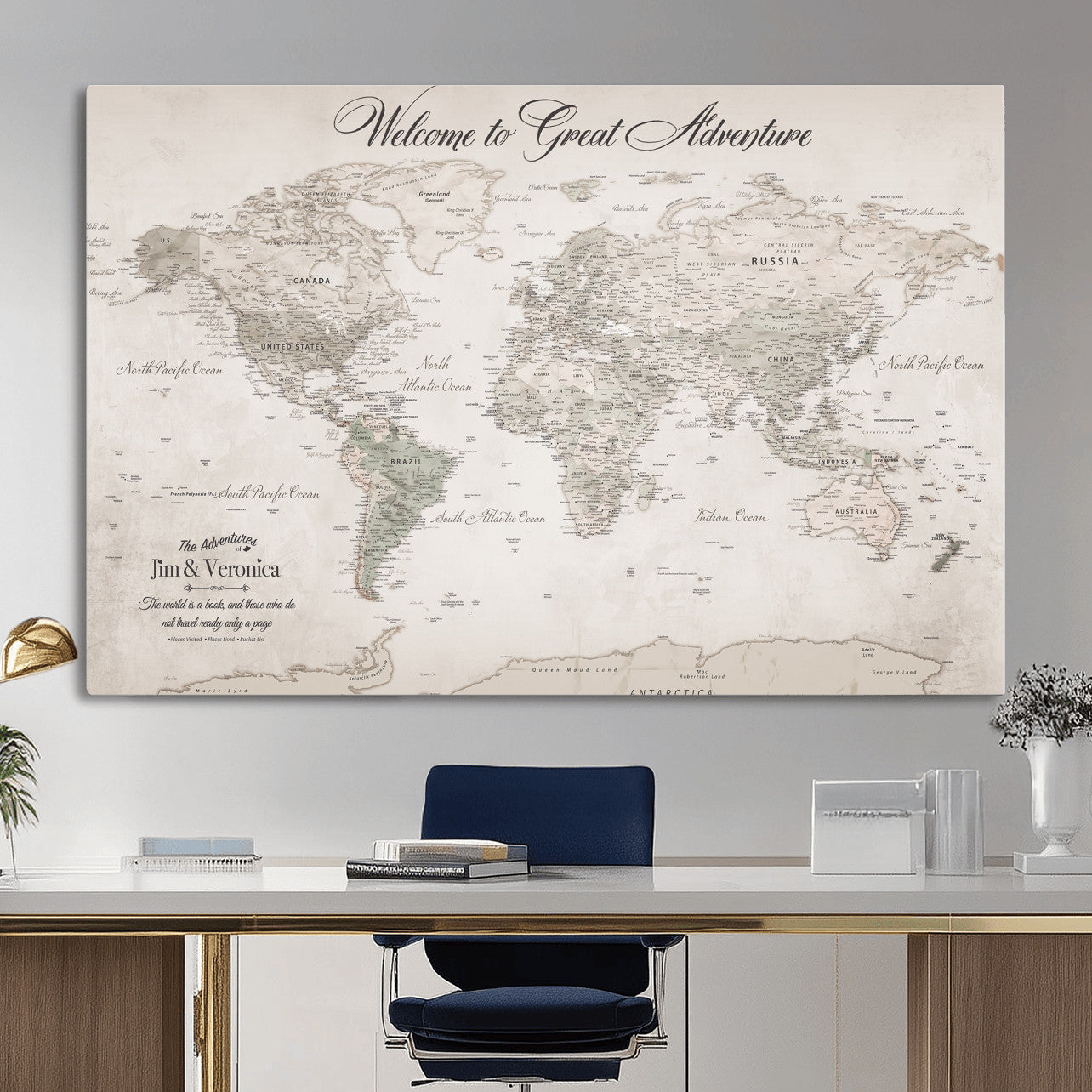 84311132-MGV-CV-36X24 - Custom Push Pin World Map Wall Art Canvas Print – Personalized Travel Tracker with Pins Framed Large for Home and Office Decor