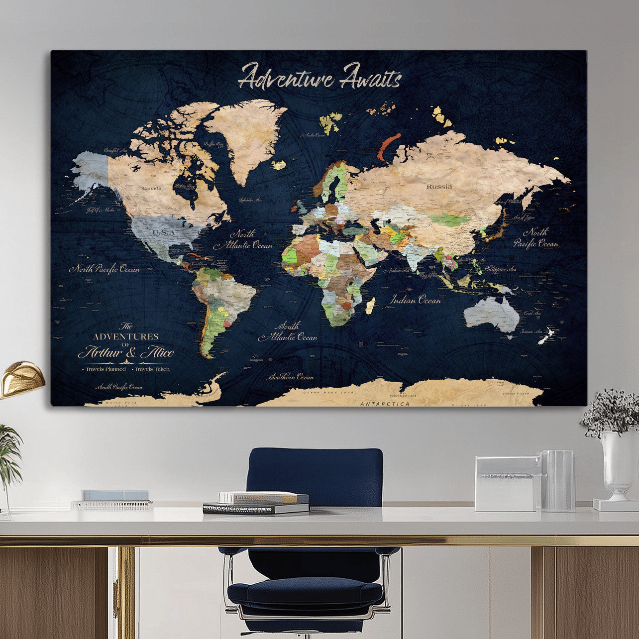 39120422-MGV-CV-36X24 - Custom Push Pin World Map Wall Art Canvas Print – Personalized Travel Tracker with Pins Framed Large for Home and Office Decor