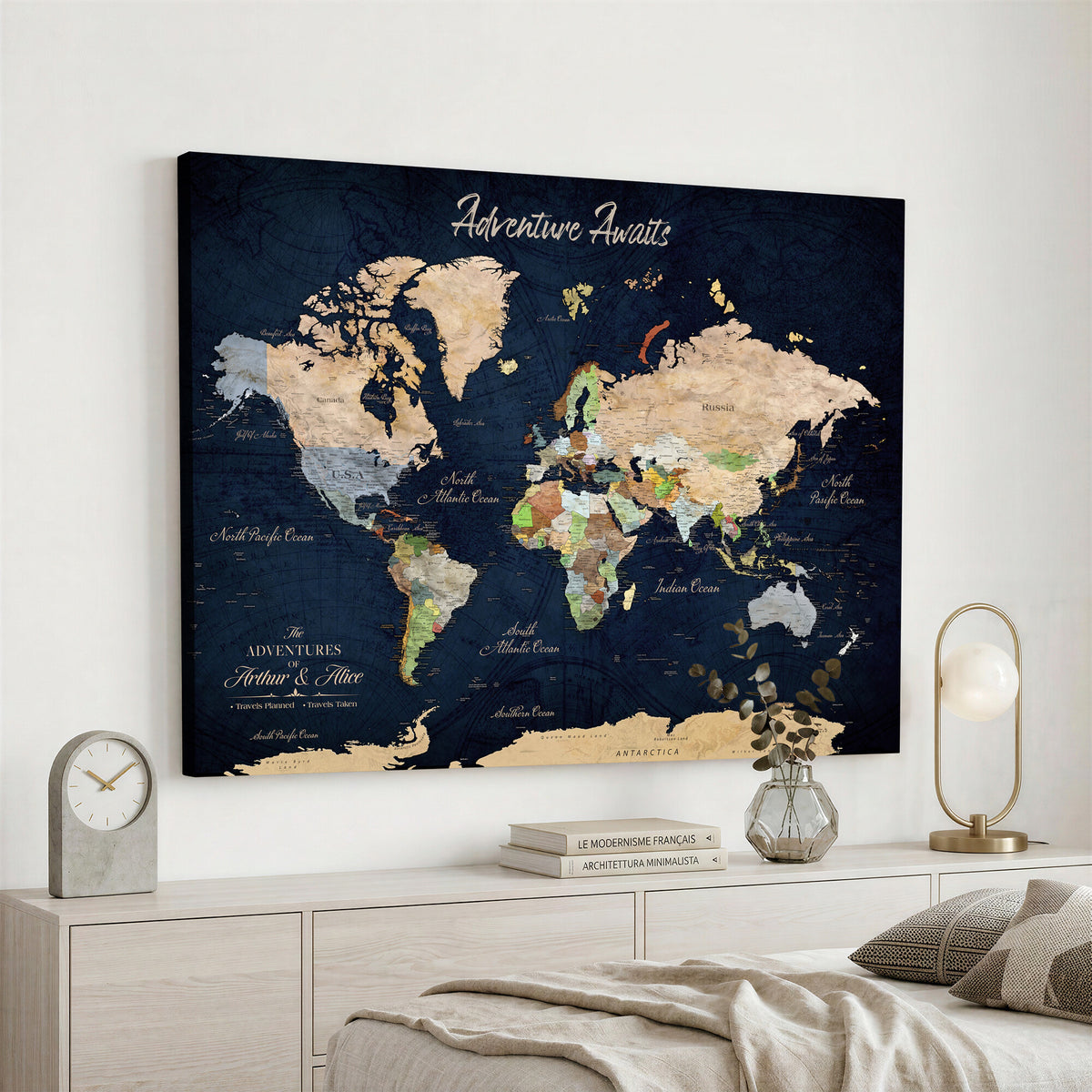 39120422-MGV-CV-36X24 - Personalized Beige Antique Push Pin Travel Map Canvas Print, Bucket List Map, Dining Room and Entryway Decor