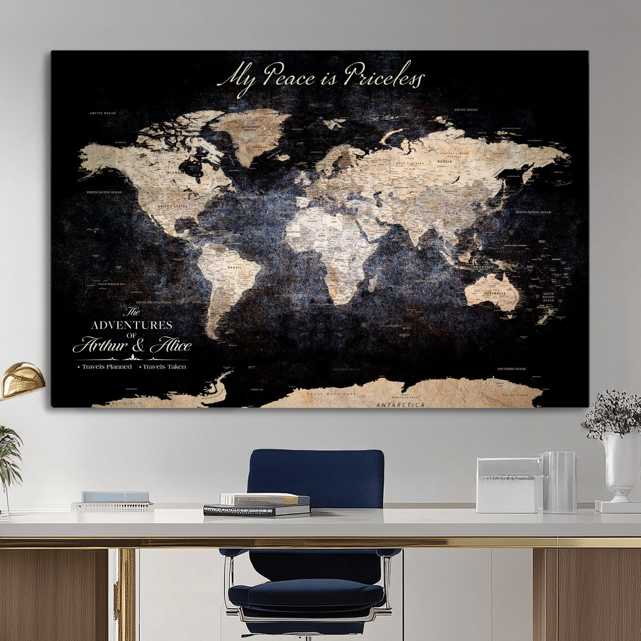 38689152-MGV-CV-36X24 - Custom Push Pin World Map Wall Art Canvas Print – Personalized Travel Tracker with Pins Framed Large for Home and Office Decor