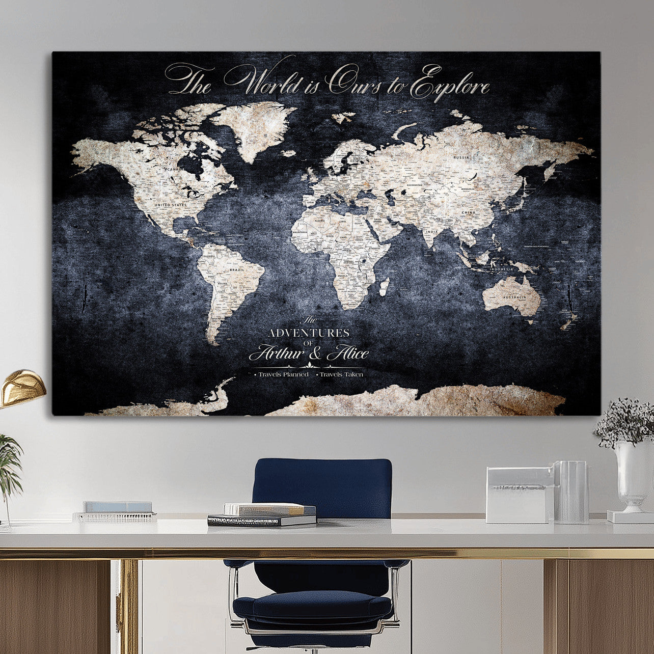 78489746-MGV-CV-36X24 - Custom Push Pin World Map Wall Art Canvas Print – Personalized Travel Tracker with Pins Framed Large for Home and Office Decor