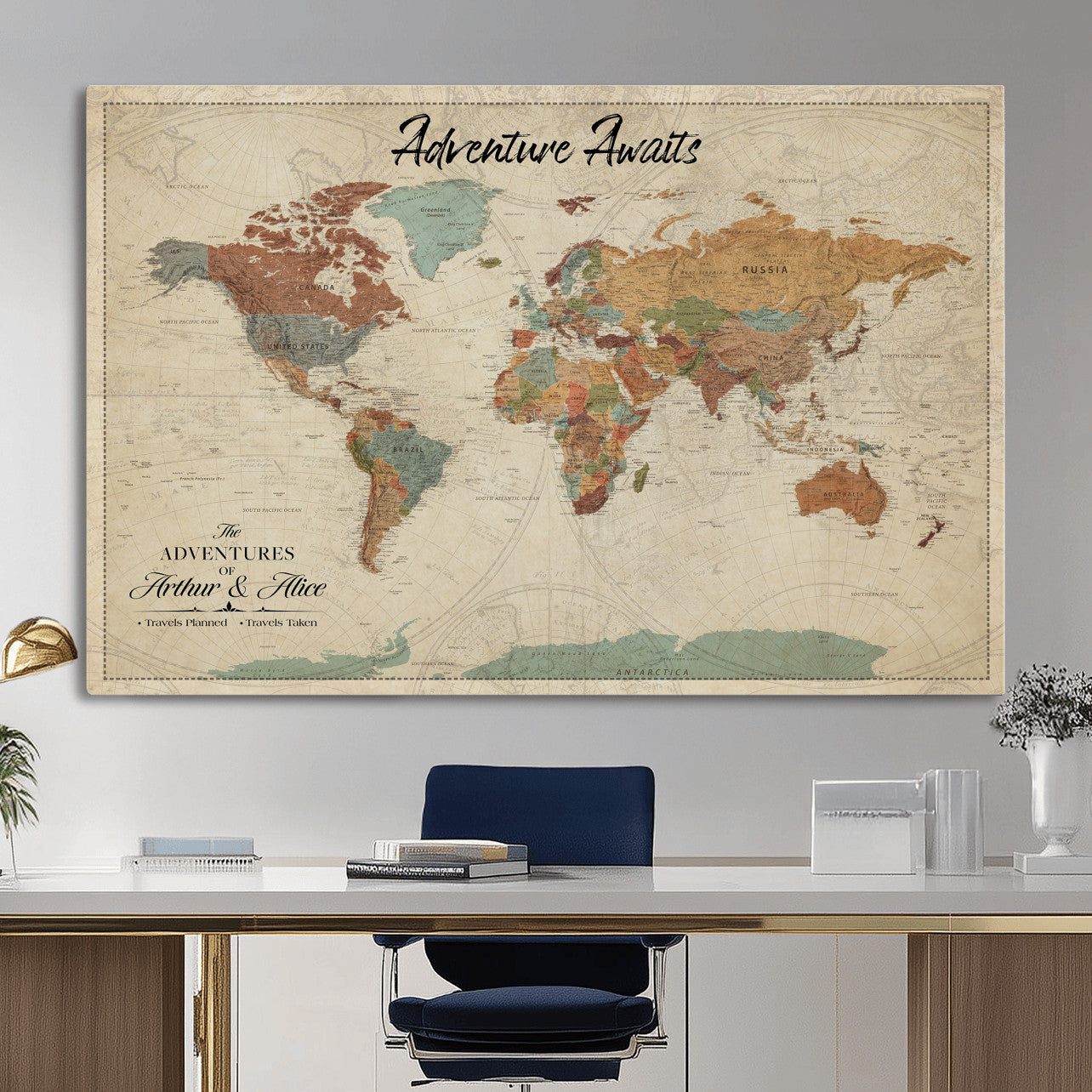 10741176-MGV-CV-36X24 - Custom Push Pin World Map Wall Art Canvas Print – Personalized Travel Tracker with Pins Framed Large for Home and Office Decor
