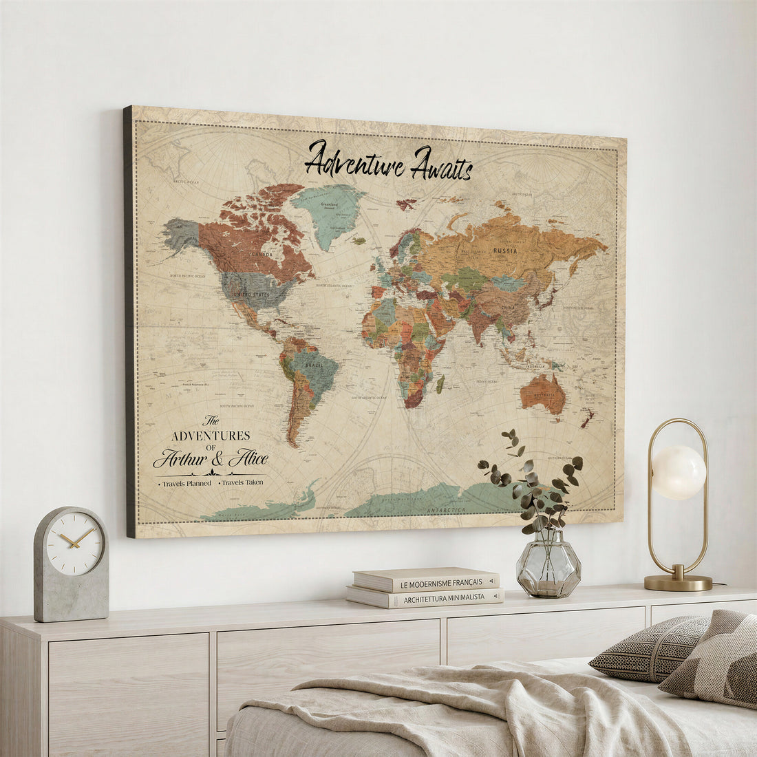 Custom Beige Push Pin World Map Canvas Print, Next Trip Planner Map, Family Room and Study Decor