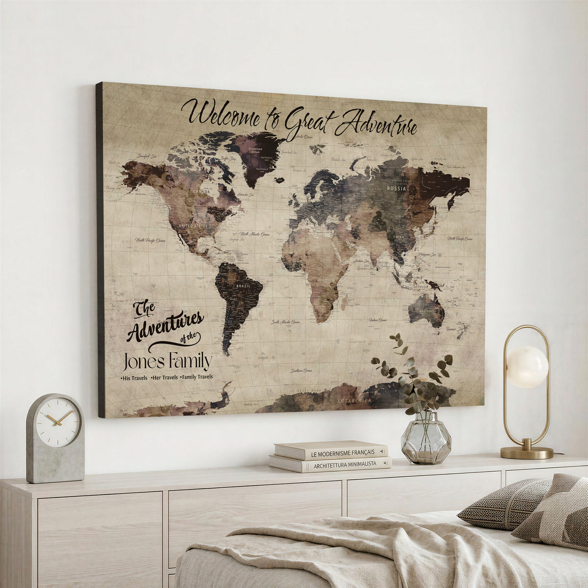 25688366-MGV-CV-36X24 - Custom Push Pin World Map Wall Art Canvas Print | Personalized Travel Tracker with Pins Framed Large for Home and Office Decor