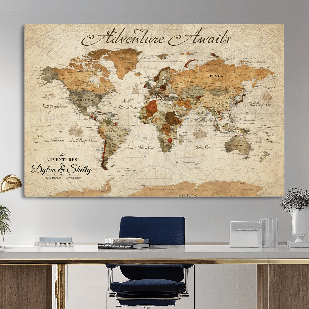 96009630-MGV-CV-36X24 - Custom Push Pin World Map Wall Art Canvas Print – Personalized Travel Tracker with Pins Framed Large for Home and Office Decor