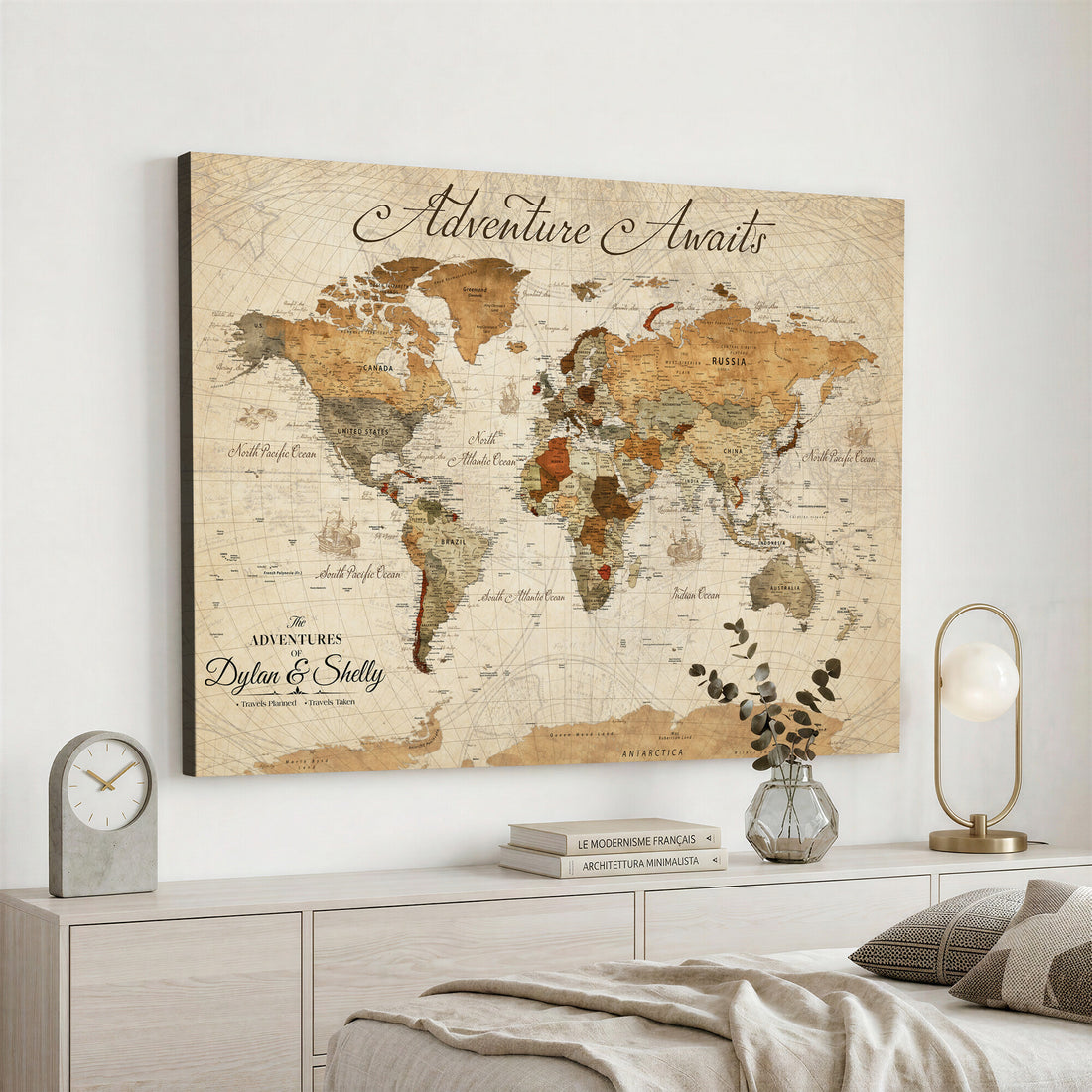 Personalized Black Modern World Map Canvas with Push Pins, Family Travel Tracker, Bedroom and Study Decor